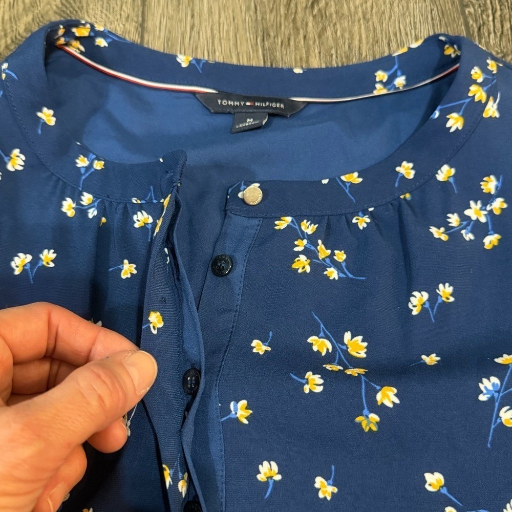 Tommy Hilfiger Floral Flutter Sleeve Ruffle Hem Shift Dress Navy Blue M Preppy - Picture 13 of 16